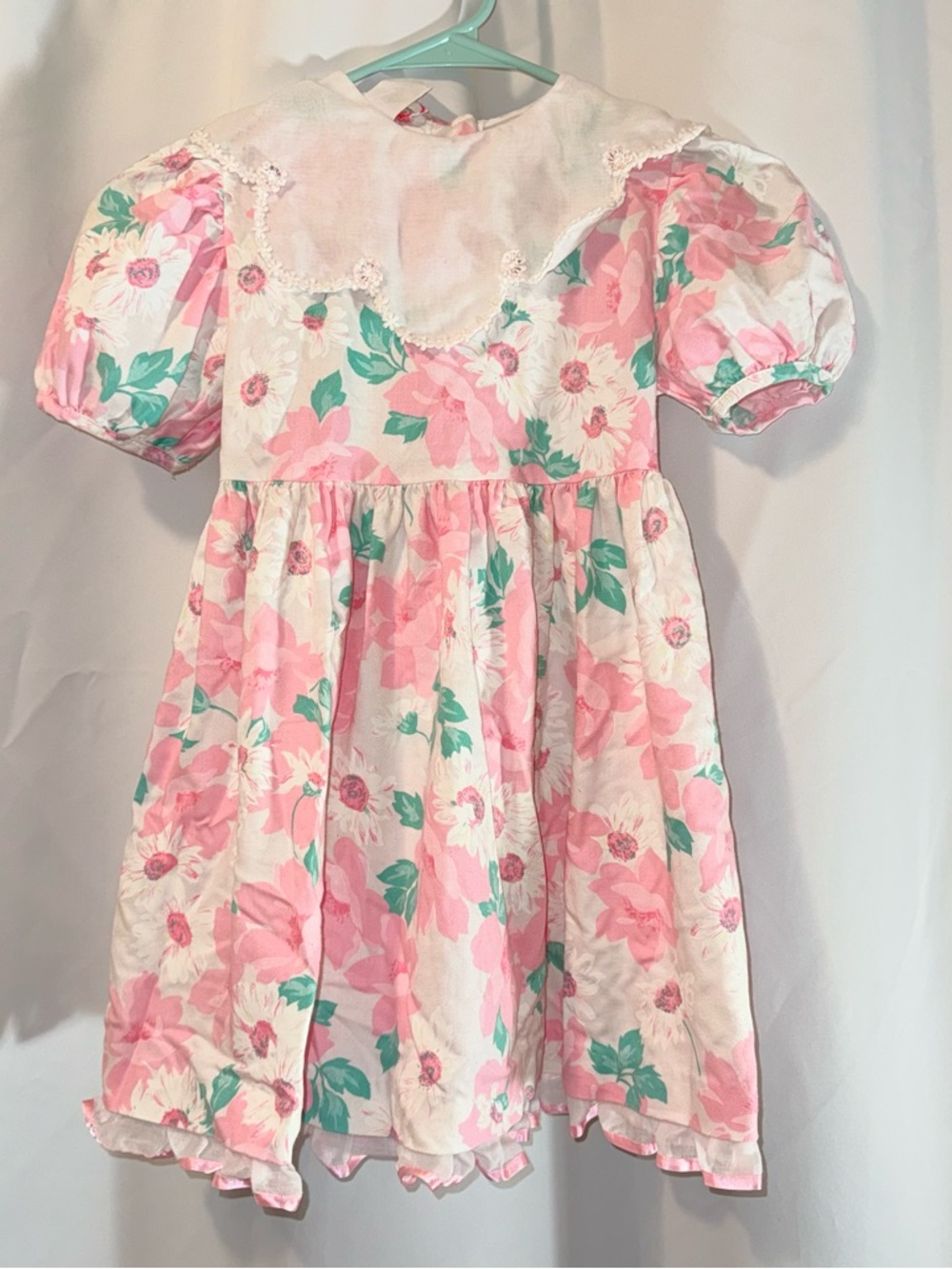 Girls Pink Floral Casual Dress with Lace Collar